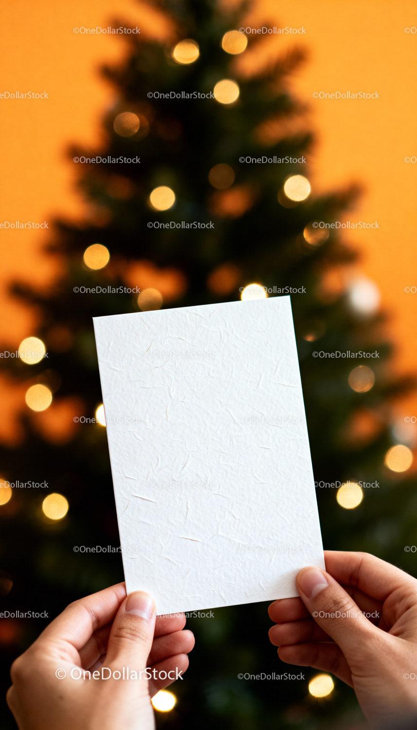 Hands Holding Blank Card in Front of Christmas Tree Lights JPG Mockup Image preview