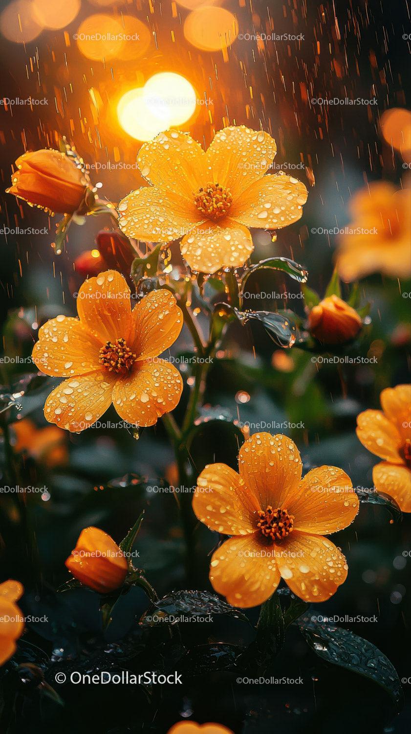 Bright Orange Marigolds During Rain with Sunlight Backlight