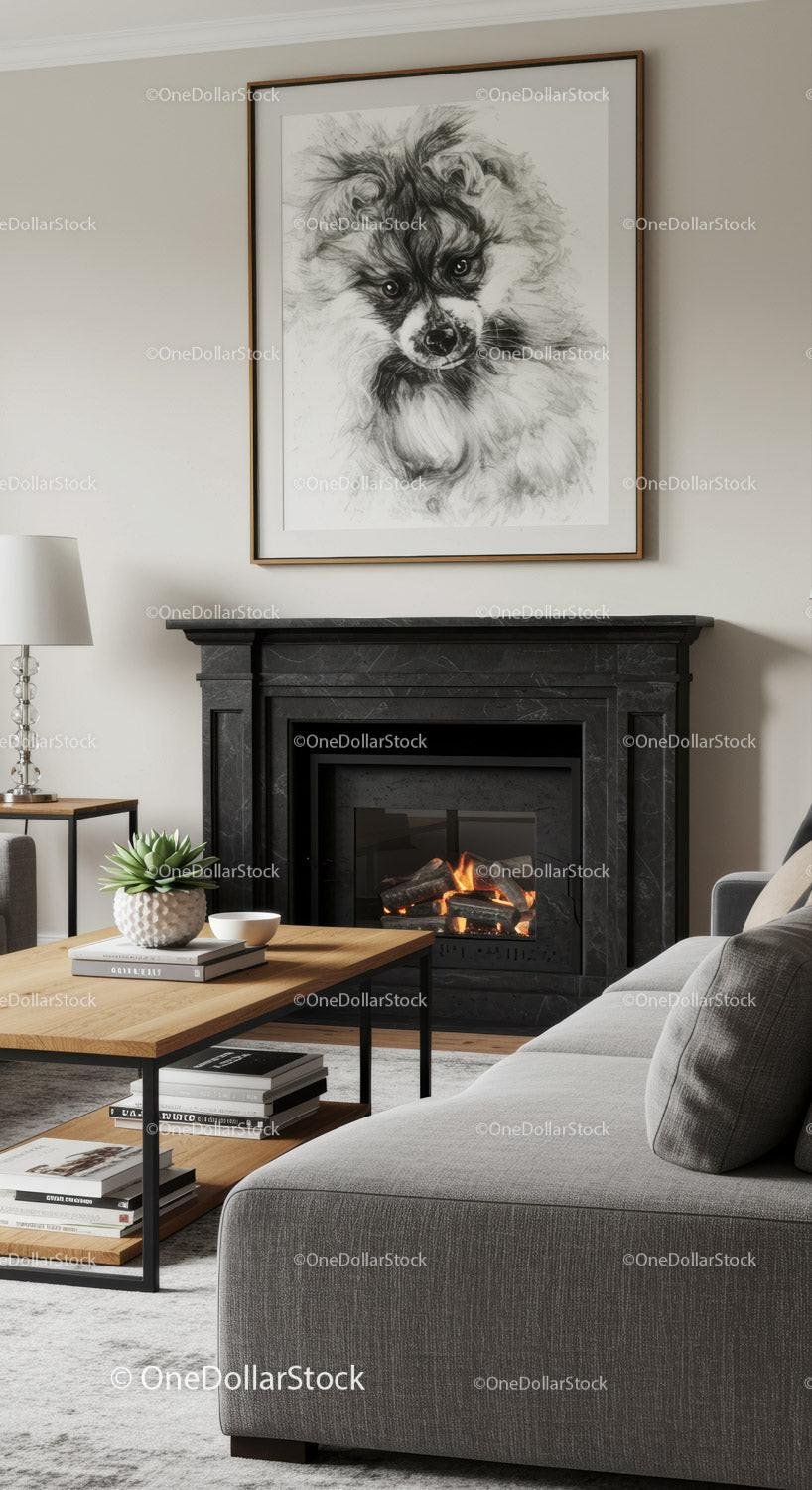 Contemporary Living Room with Black Marble Fireplace and Cozy Decor