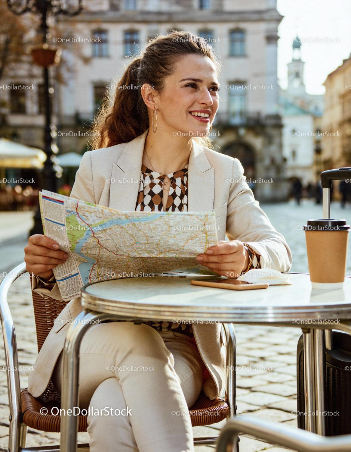 Young woman enjoying city cafe with travel map