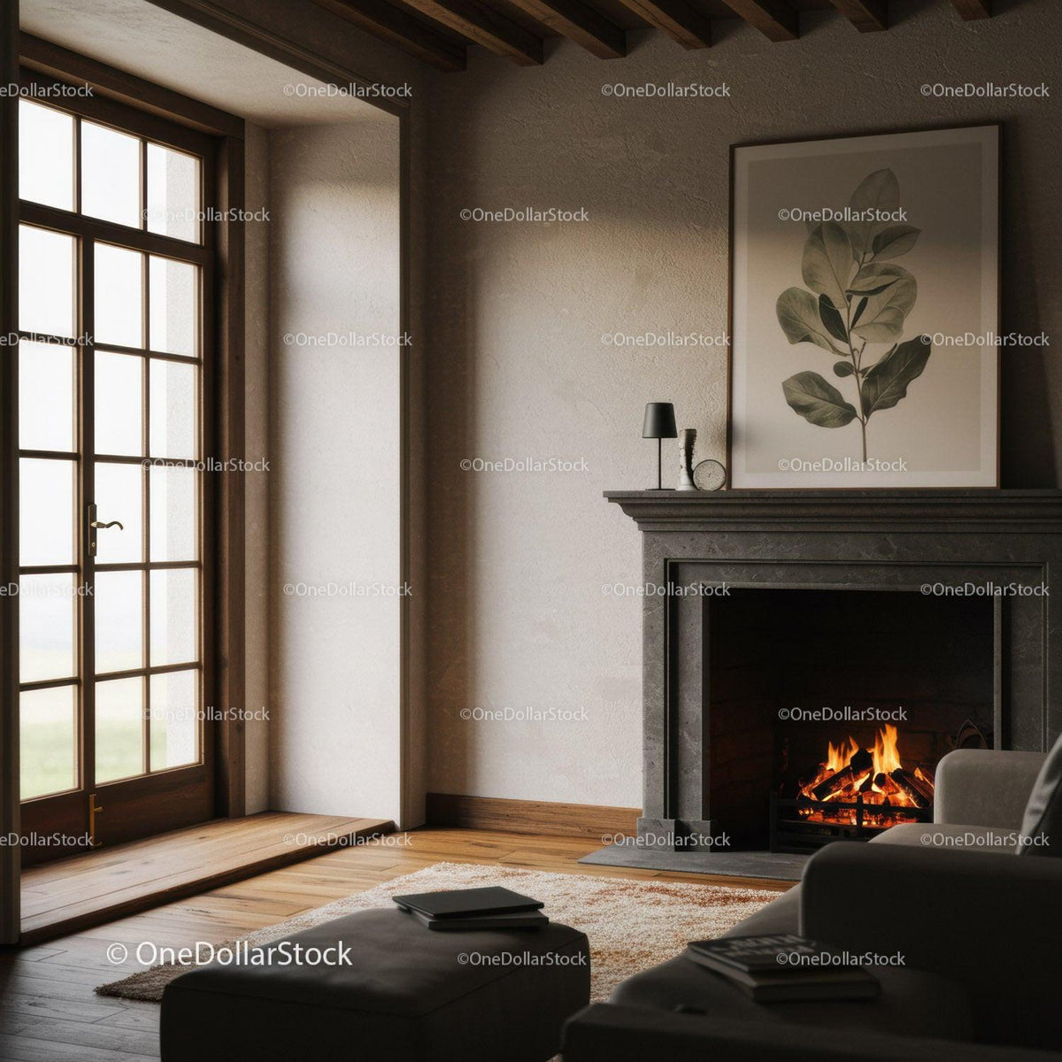 Modern Living Room with Fireplace and Botanical Wall Art