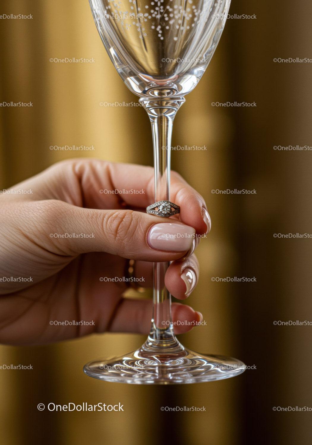 Hand Holding Champagne Glass with Elegant Ring Detail