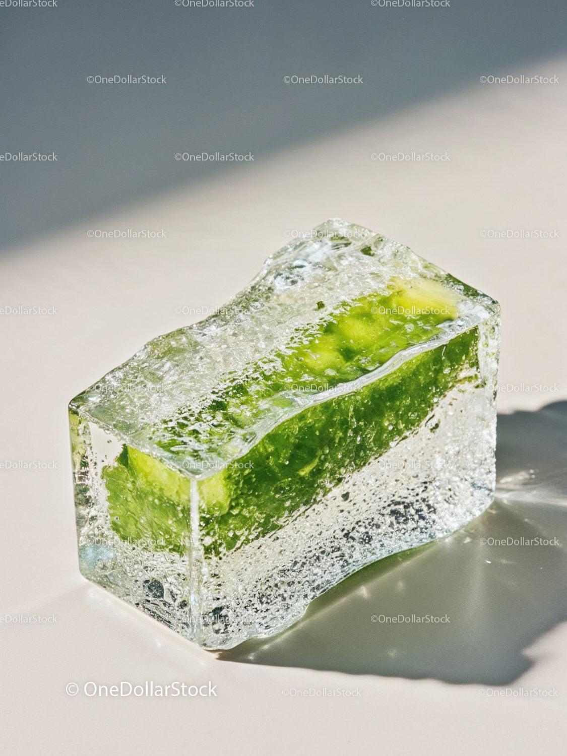 Fresh lime slice encased in melting ice cube