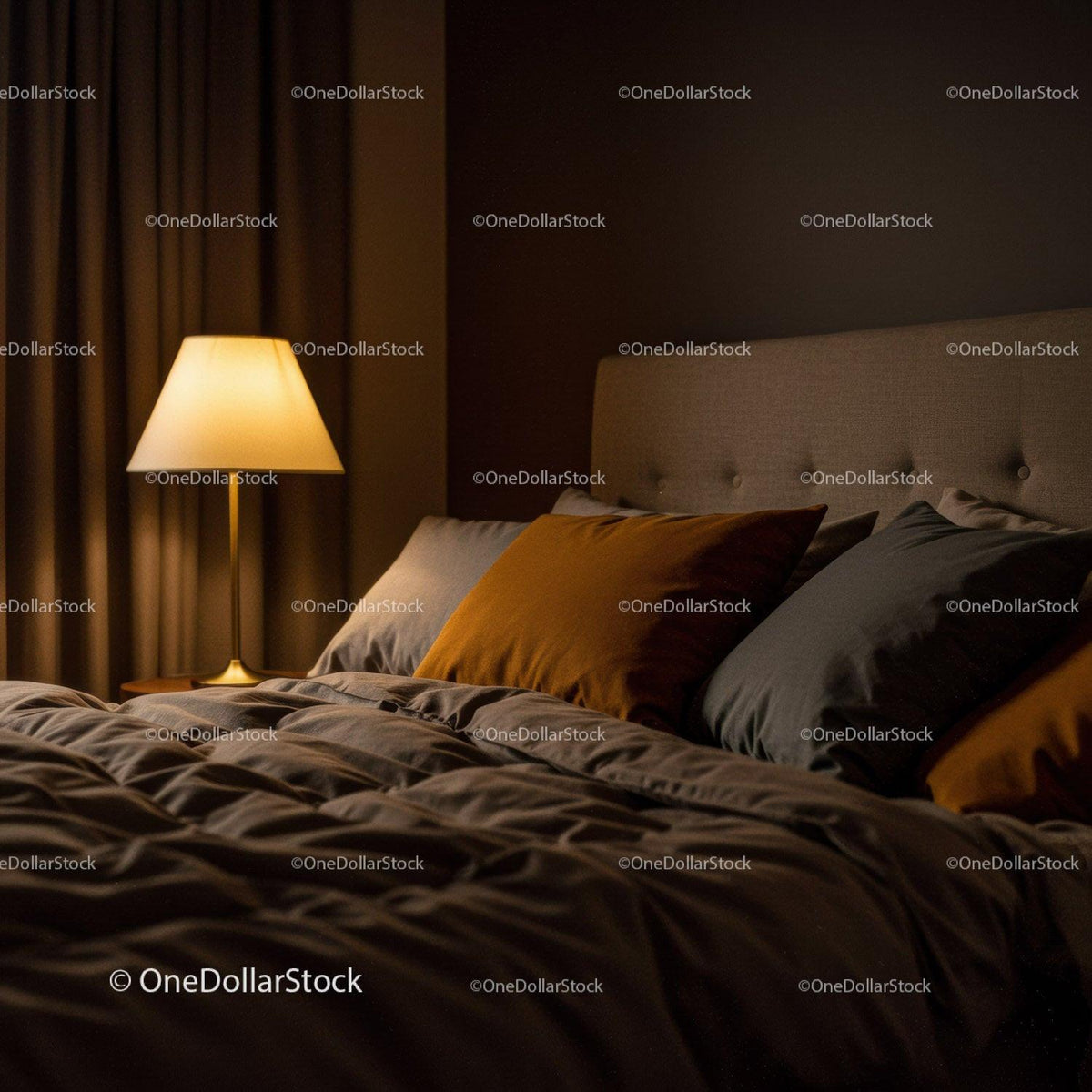 Cozy Bedroom with Bedside Lamp and Plush Pillows in Warm Lighting