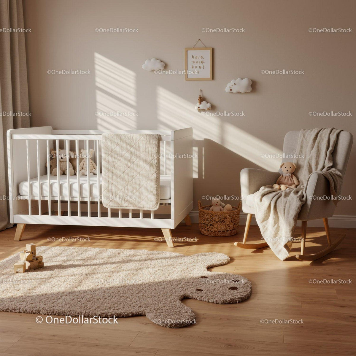 Cozy modern nursery with white crib and rocking chair