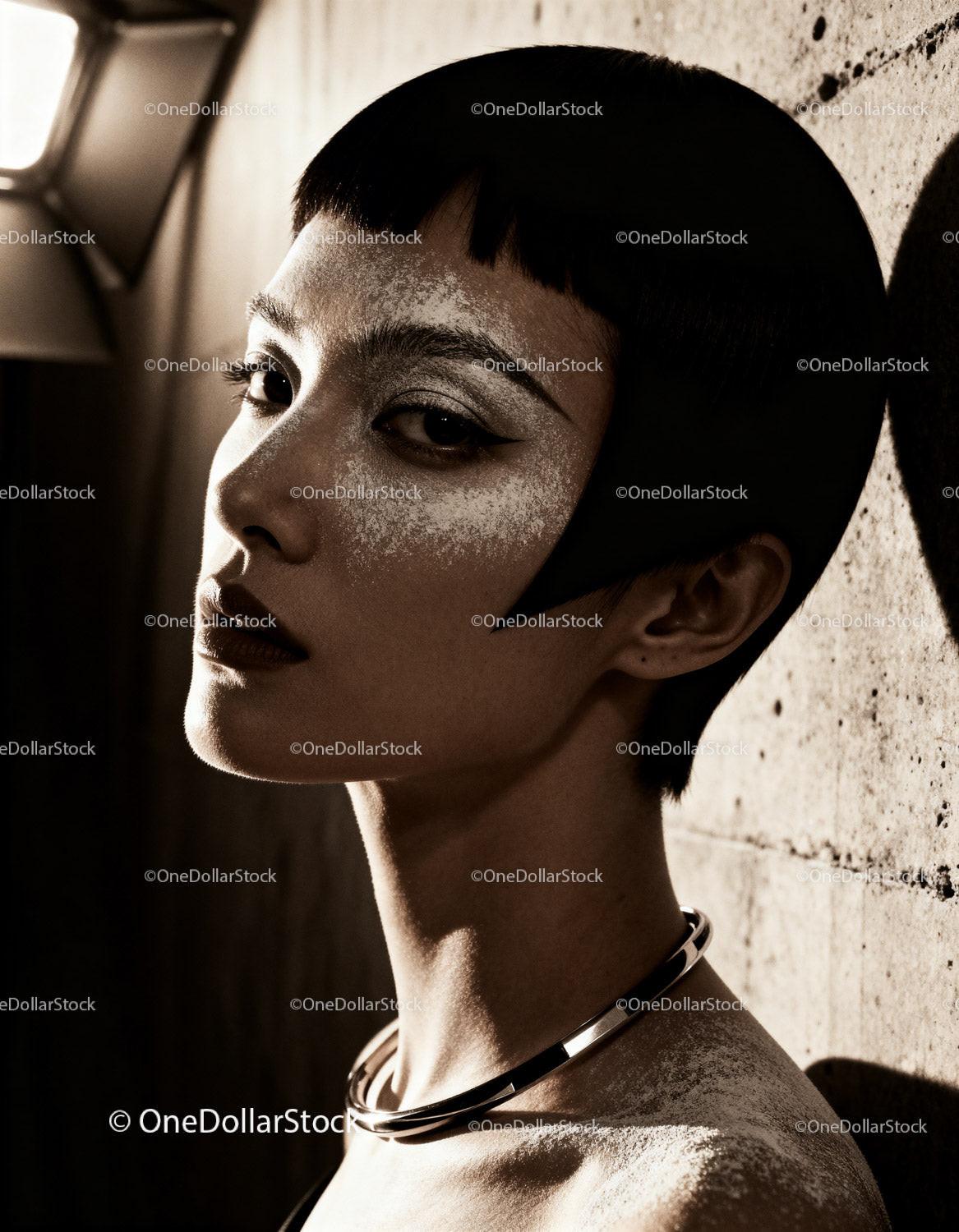 Portrait of woman with bold makeup and metallic necklace
