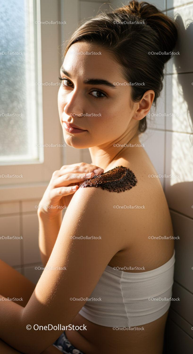 Calm woman applying natural scrub on her shoulder