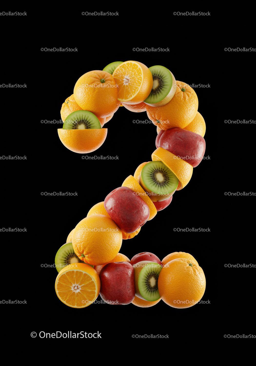 Number two formed from fresh mixed fruits on black