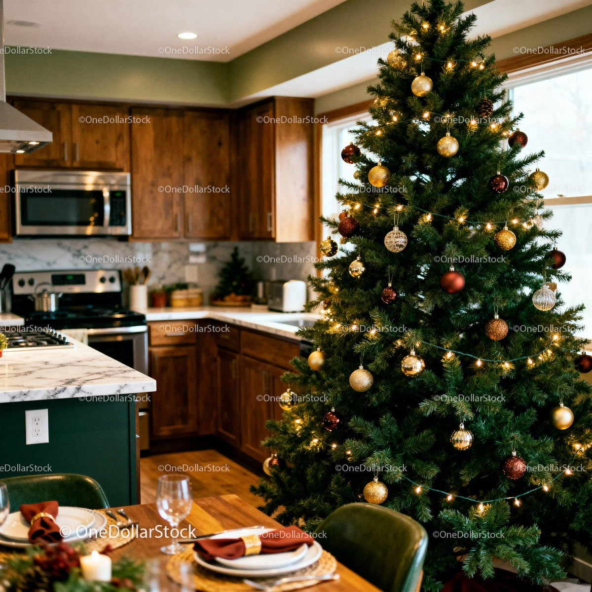Cozy Kitchen with Decorated Christmas Tree and Table
