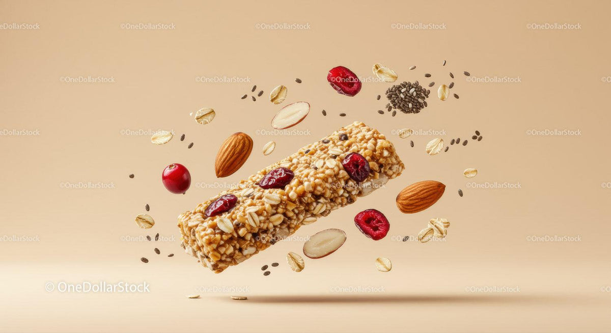 Granola Bar with Nuts and Dried Cranberries in Motion