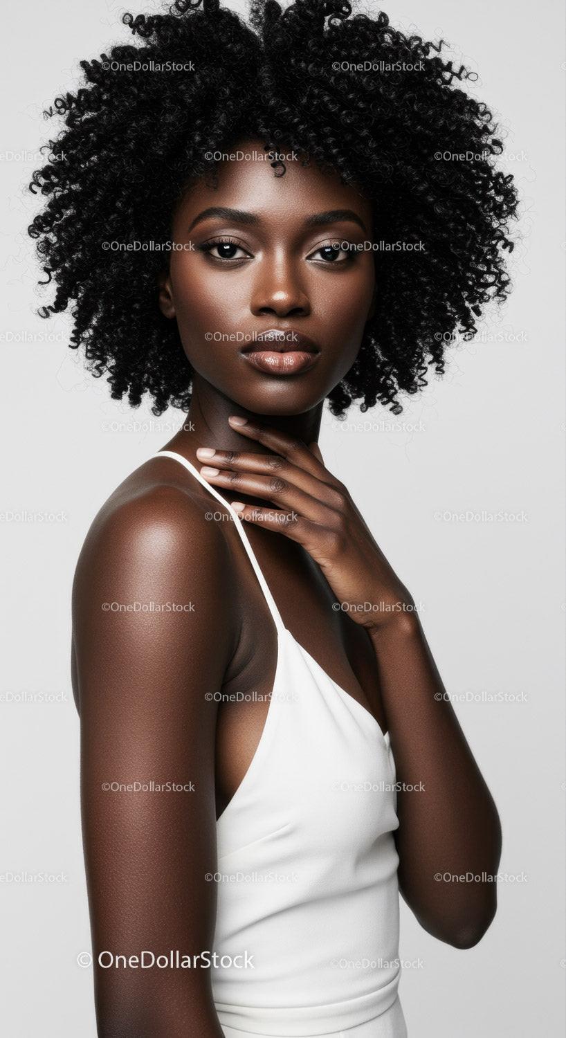 Striking African American Woman with Curly Hair in Minimalist Studio Portrait