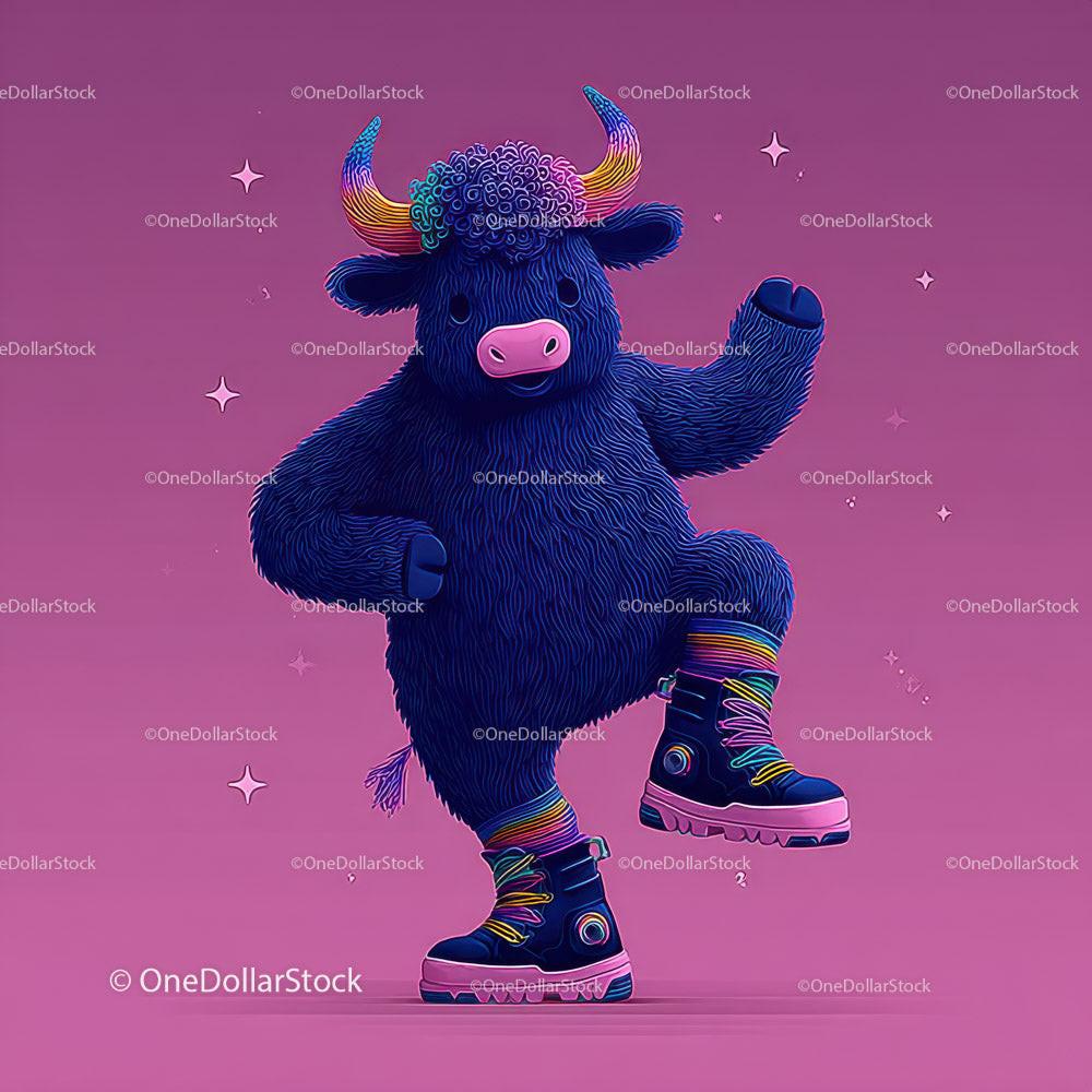 Fluffy blue bull with colorful horns and boots on pink background