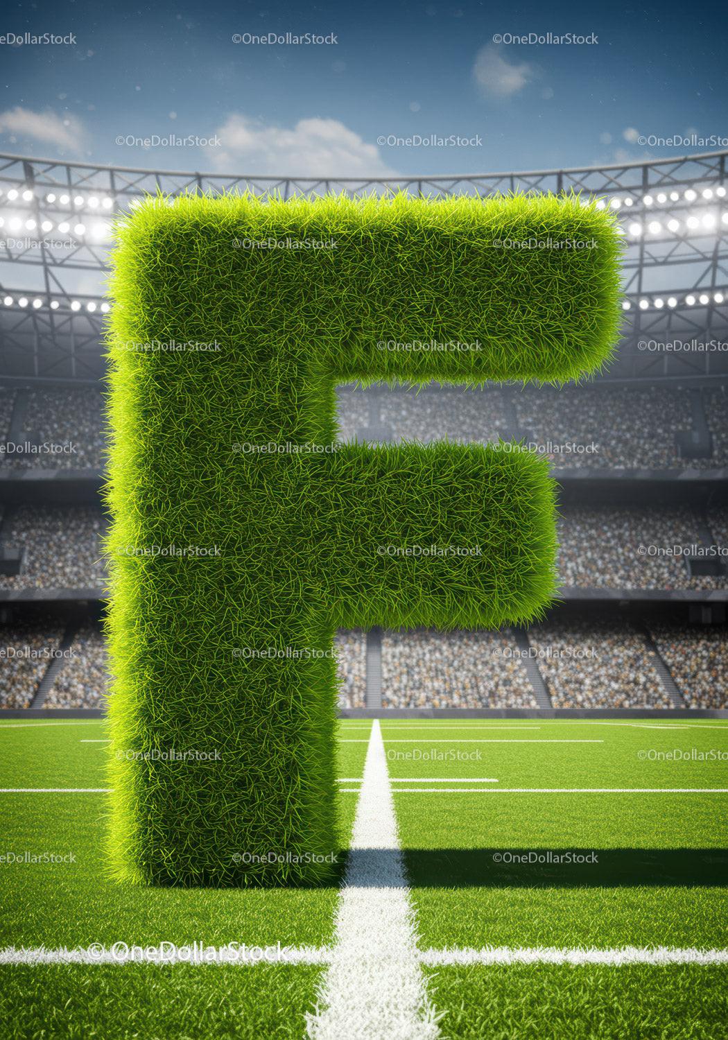 Large Grass Letter F on Football Field in Stadium