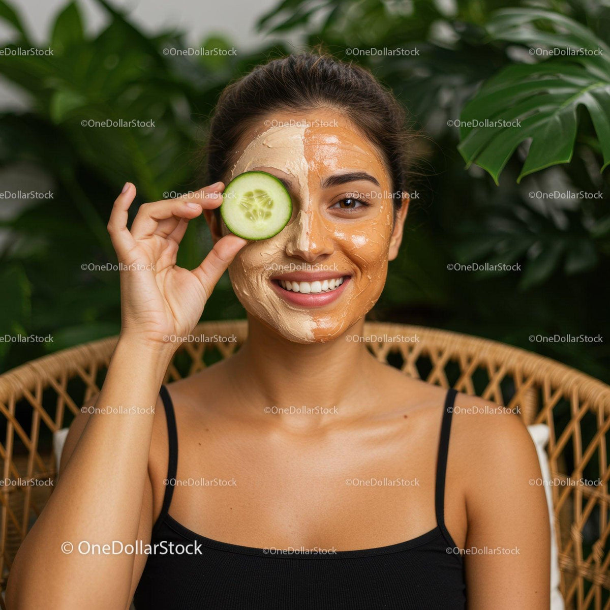 Woman Enjoying Cucumber Facial Mask in Spa Setting with Green Nature