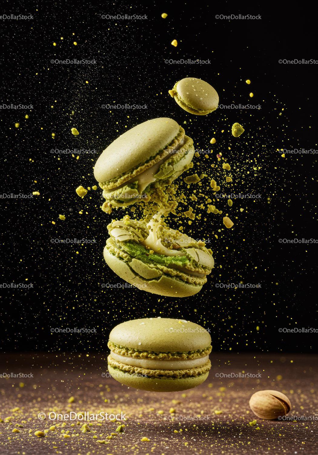 Exploding Green Pistachio Macarons in Mid Air