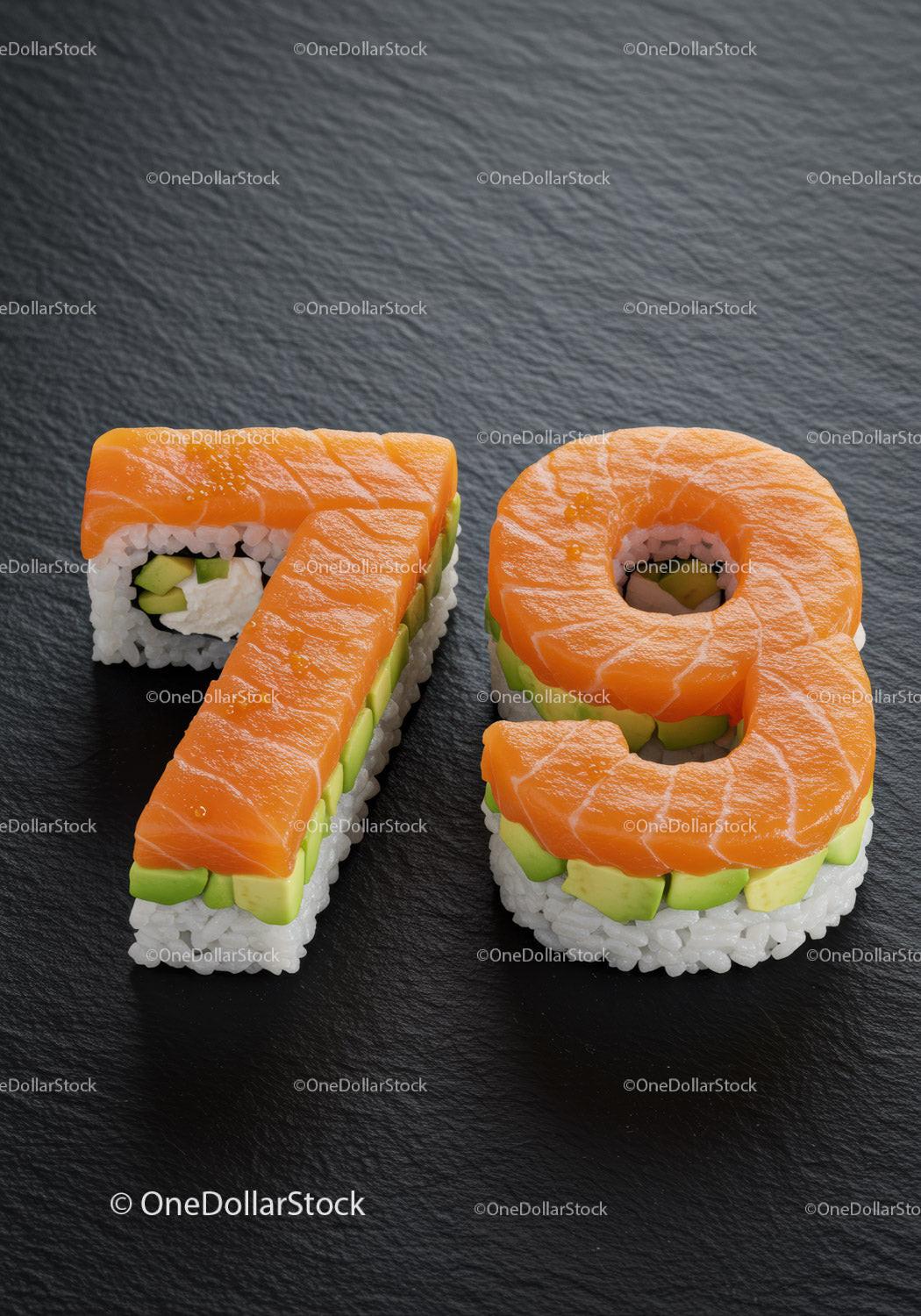 Creative sushi rolls shaped as numbers seventy eight