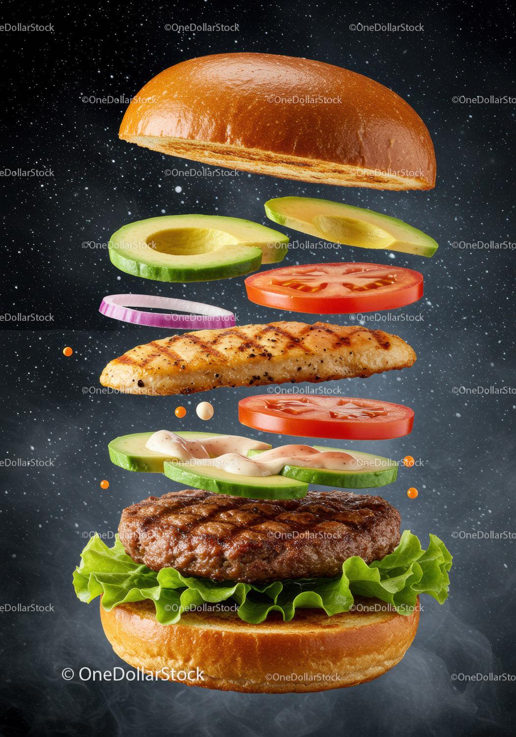 Deconstructed grilled chicken burger with fresh toppings