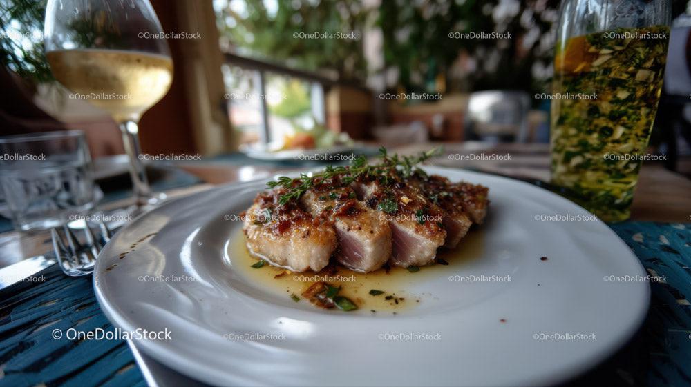 Gourmet Seared Pork Steak with Herbed Garnish on White Plate