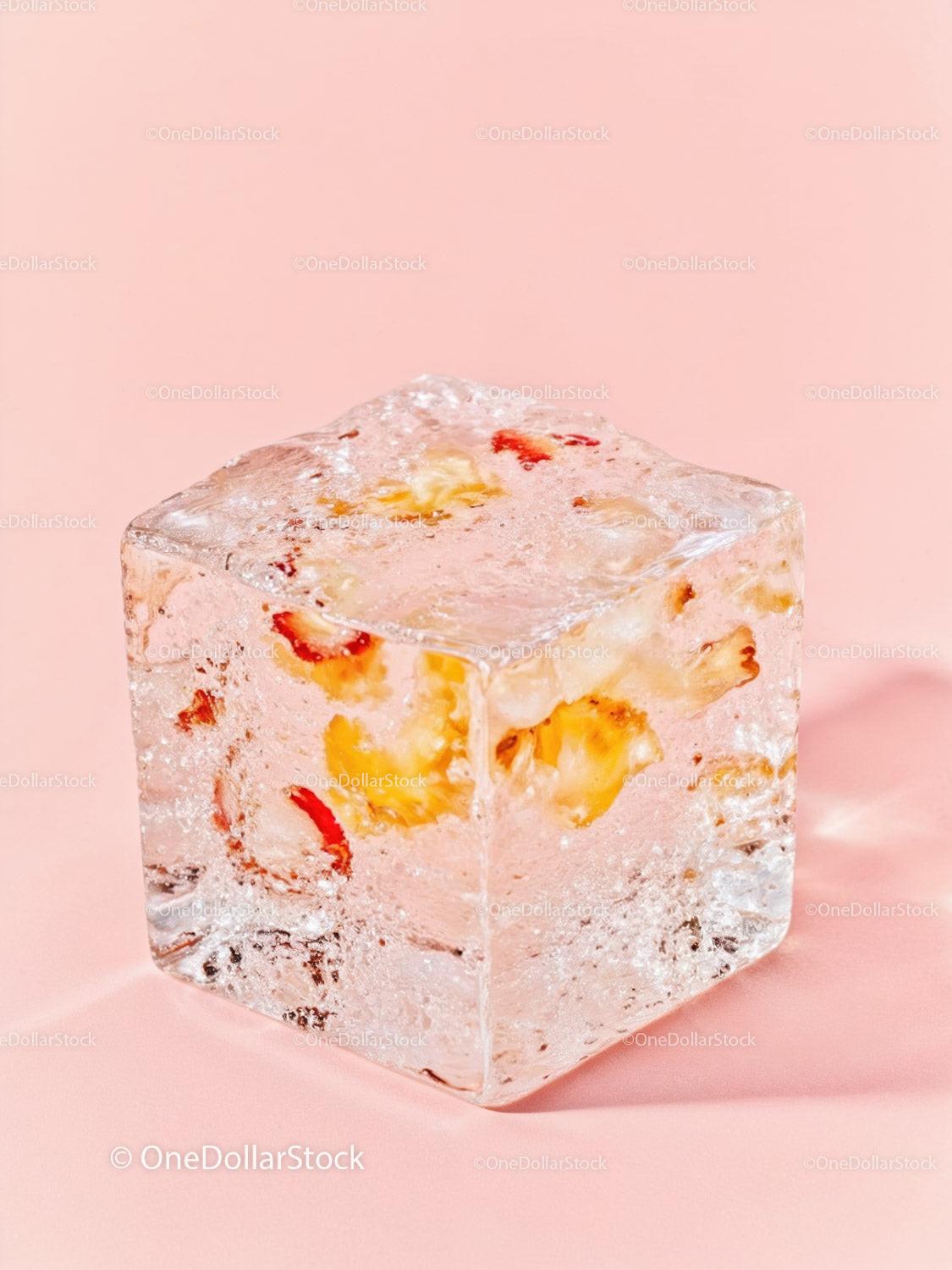 Close-up of Clear Ice Cube with Fruit Pieces Inside