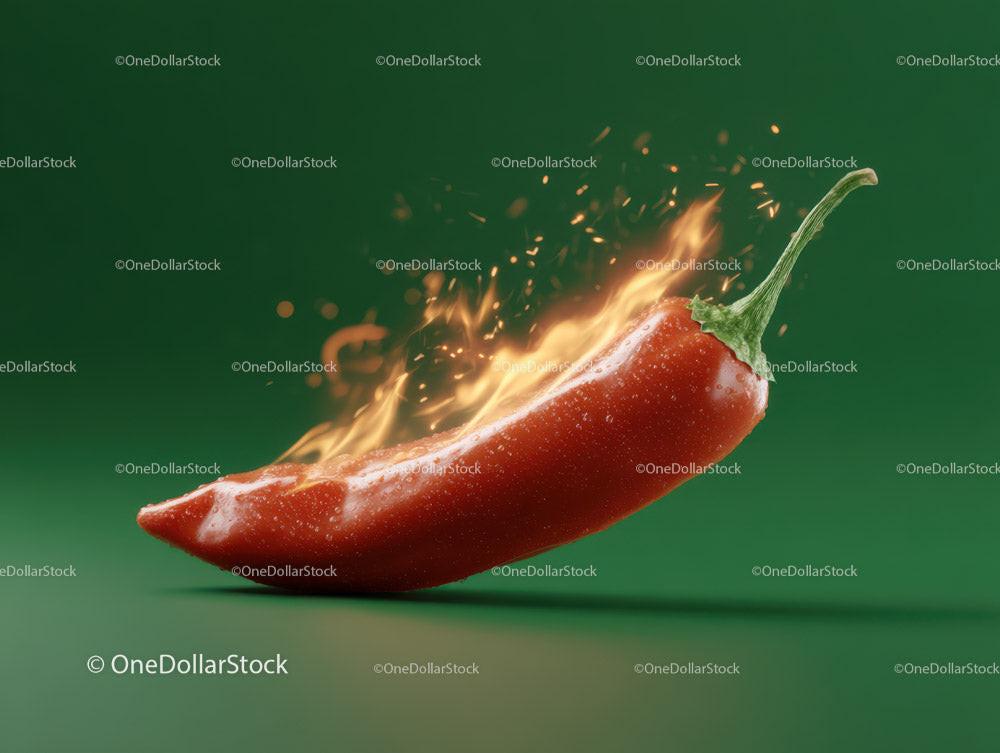 Burning Red Chili Pepper with Flames on Green Background Stock Photo Bundle preview 16