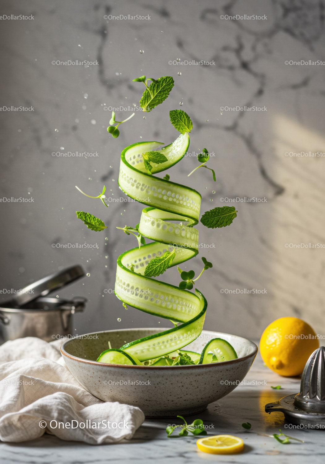 Fresh cucumber ribbons with mint leaves and lemon