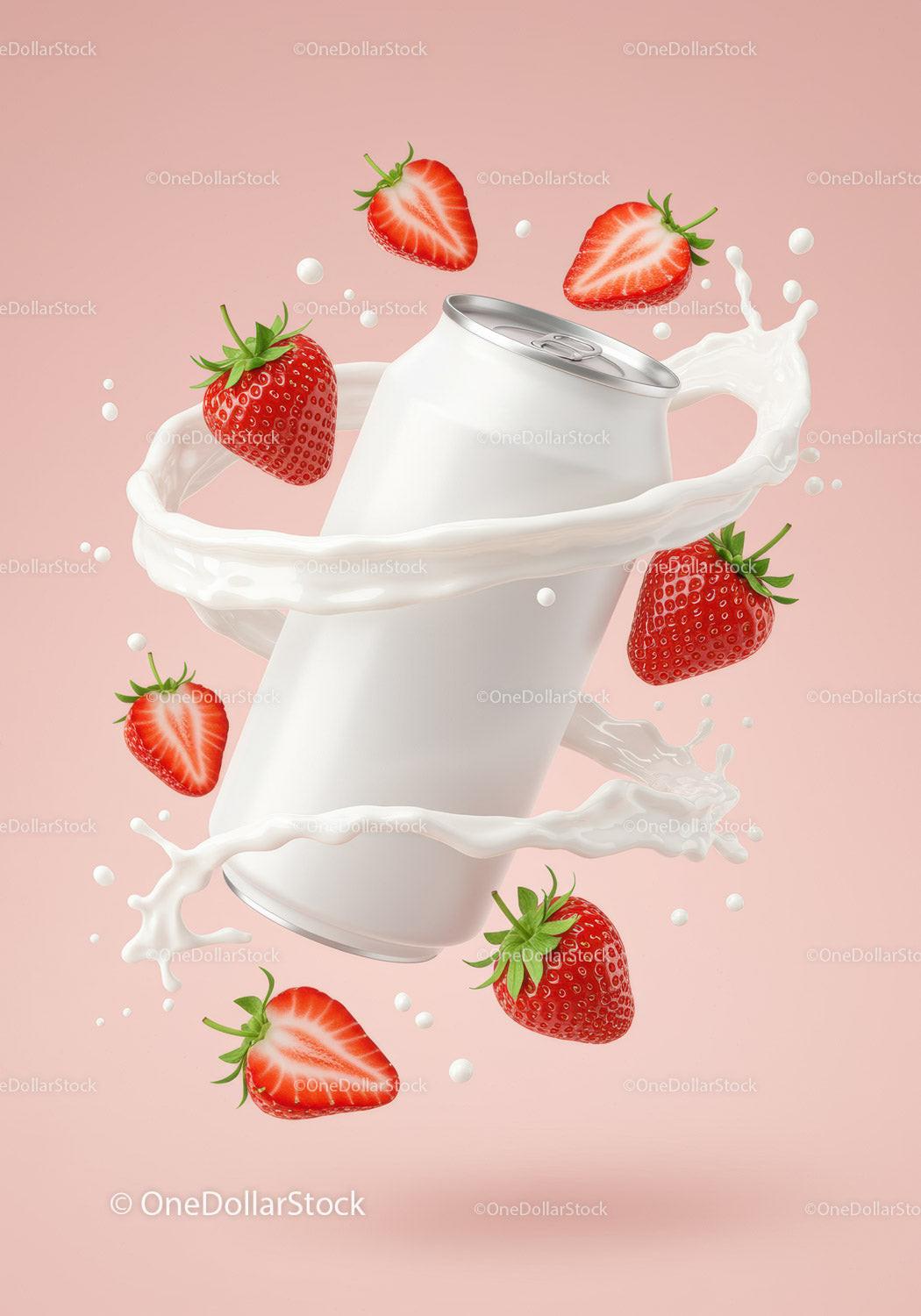 Refreshing strawberry drink can with milk splash JPG Mockup Image preview