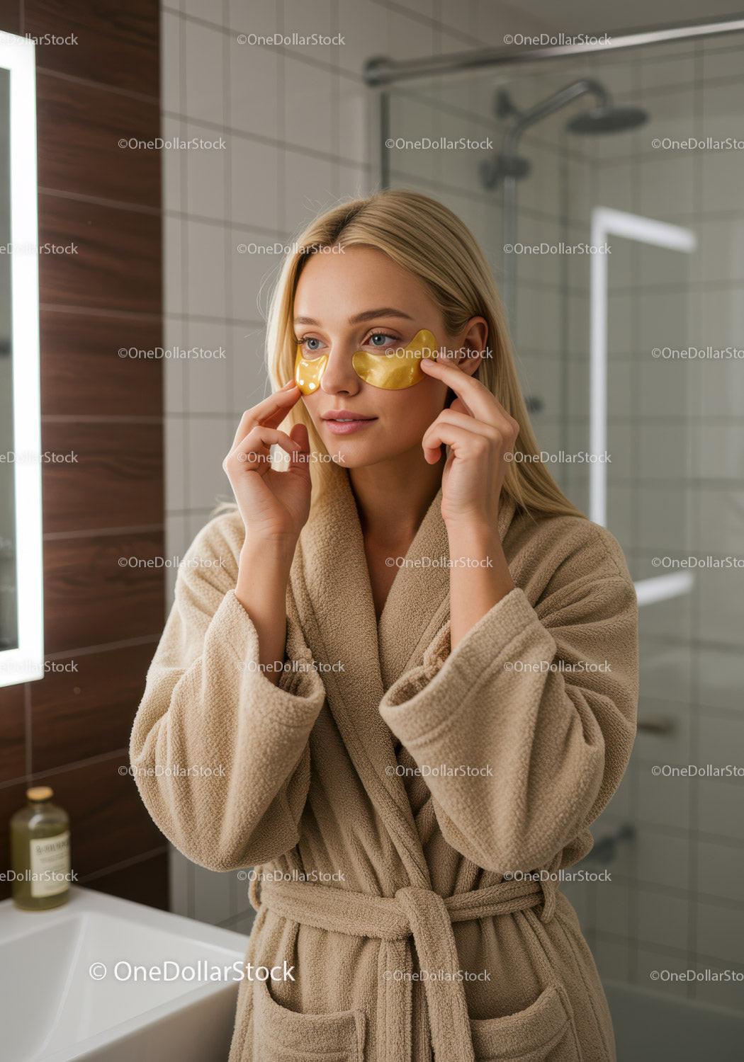 Young Woman Relaxing with Eye Patches in Modern Bathroom