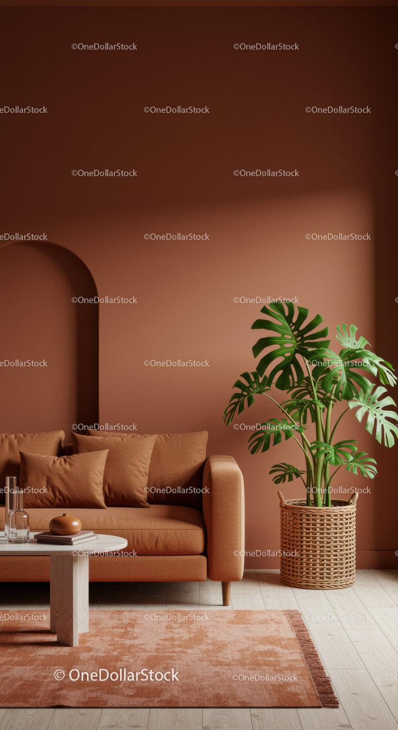 Stylish Modern Living Room with Green Monstera Plant and Terracotta Wall