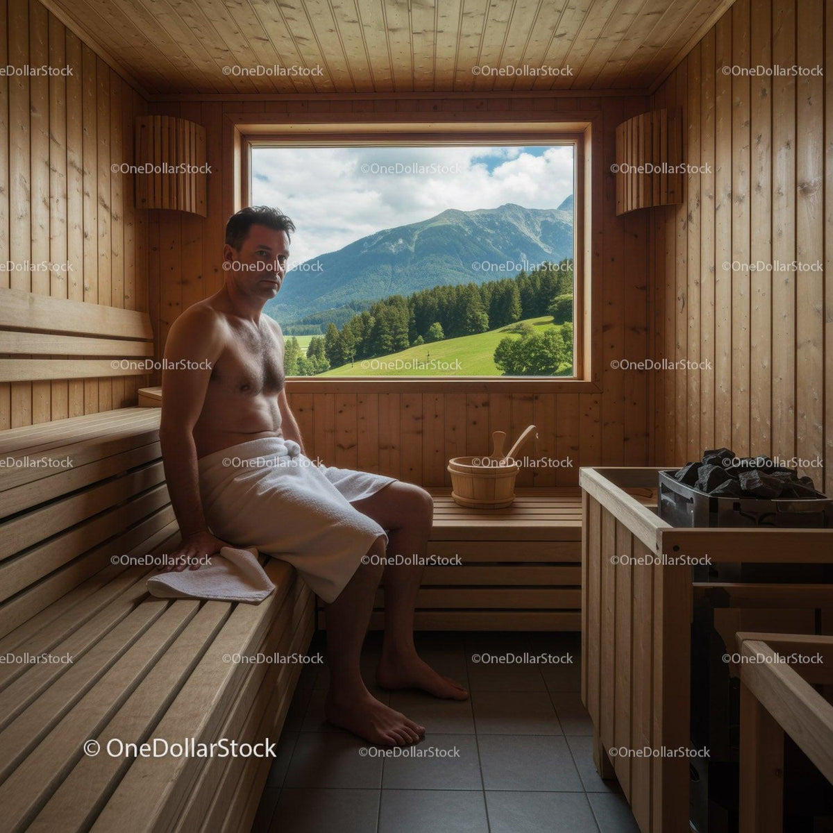 Man Relaxing in Wooden Sauna with Scenic Mountain View