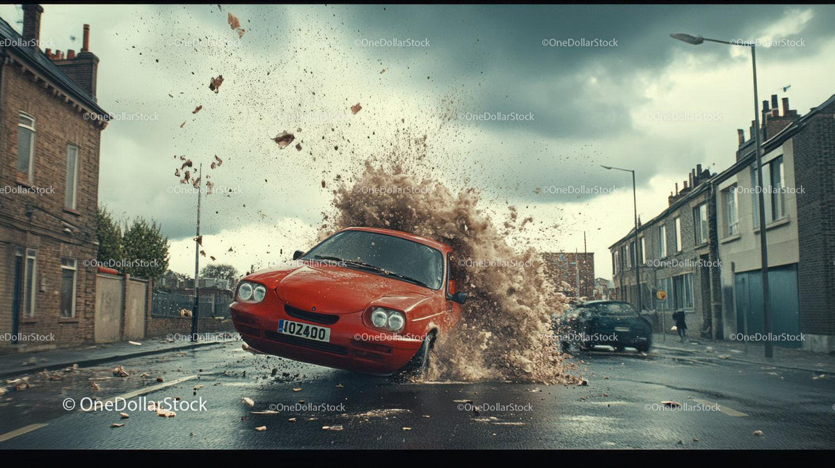 Red compact car splashing through puddle on wet urban street with brick buildings and cloudy sky