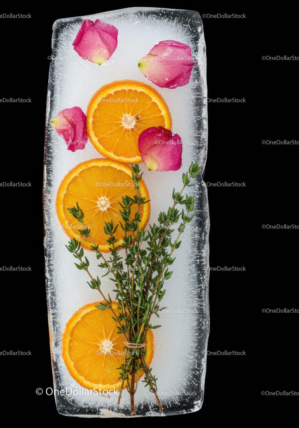 Fresh Orange Slices and Herbs Frozen in Ice Block