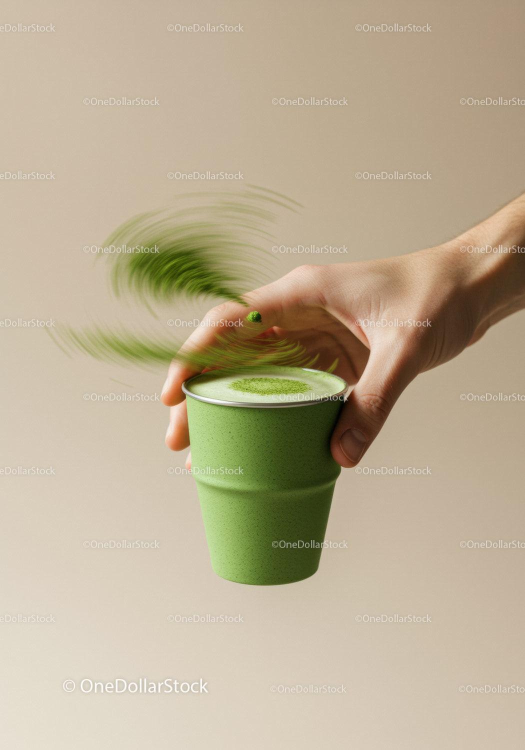 Hand Sprinkling Matcha Powder Over Green Cup Drink