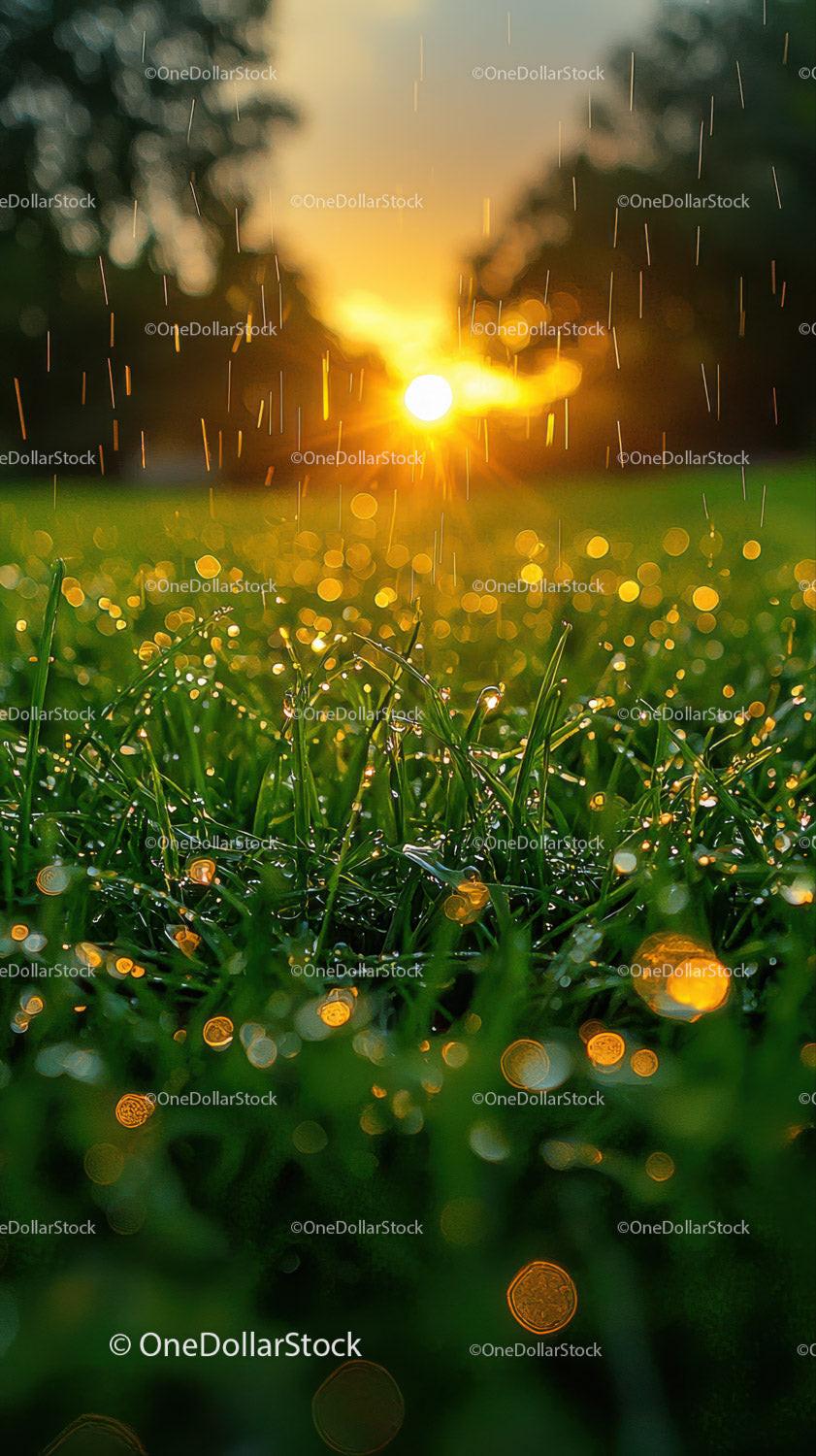 Morning Dew on Grass with Sunrise Glow Over Verdant Field