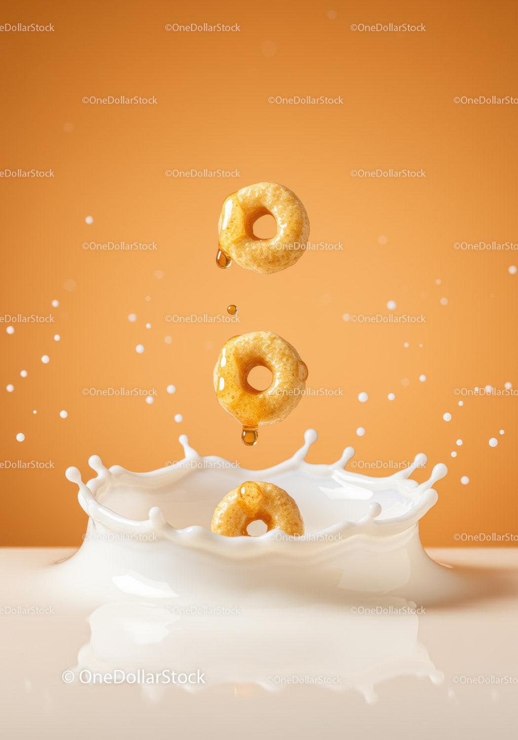 Honey Drizzled Cereal Rings Splashing in Milk