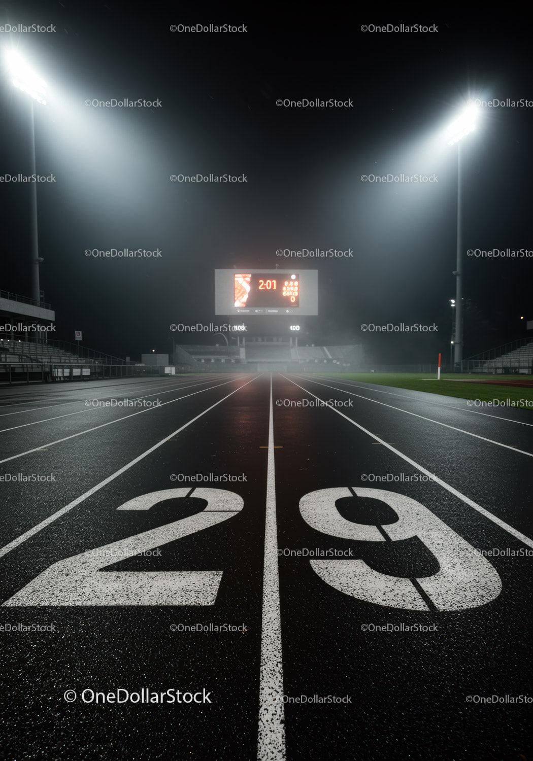 Empty running track lanes under night stadium lights