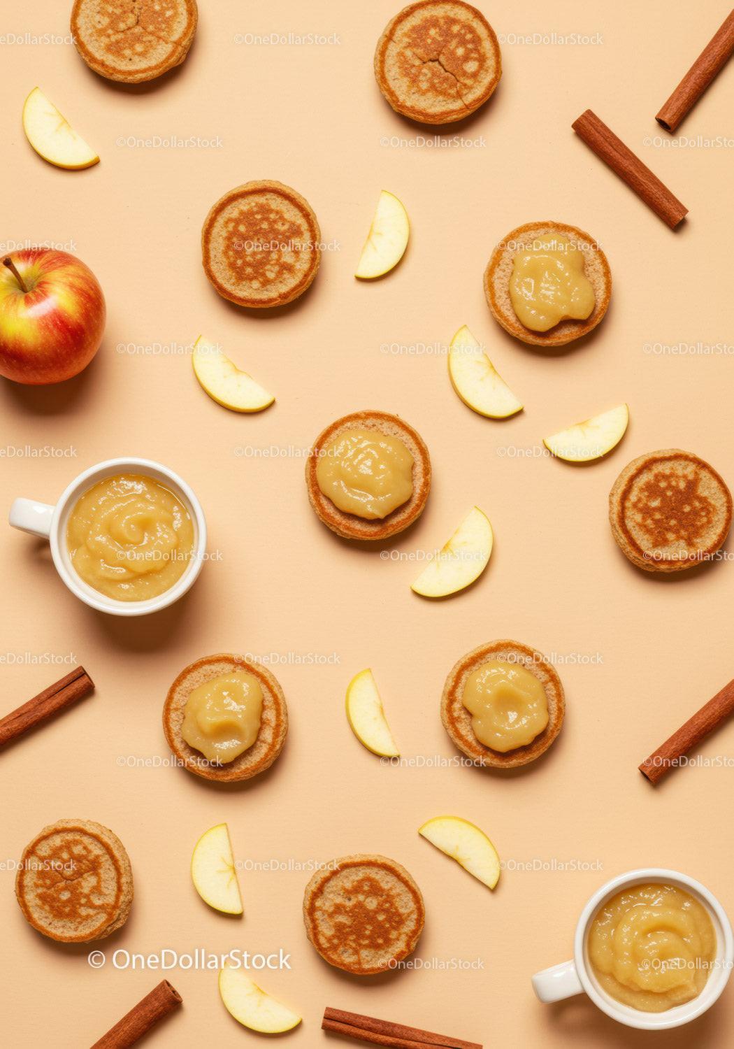 Mini pancakes with applesauce and cinnamon sticks