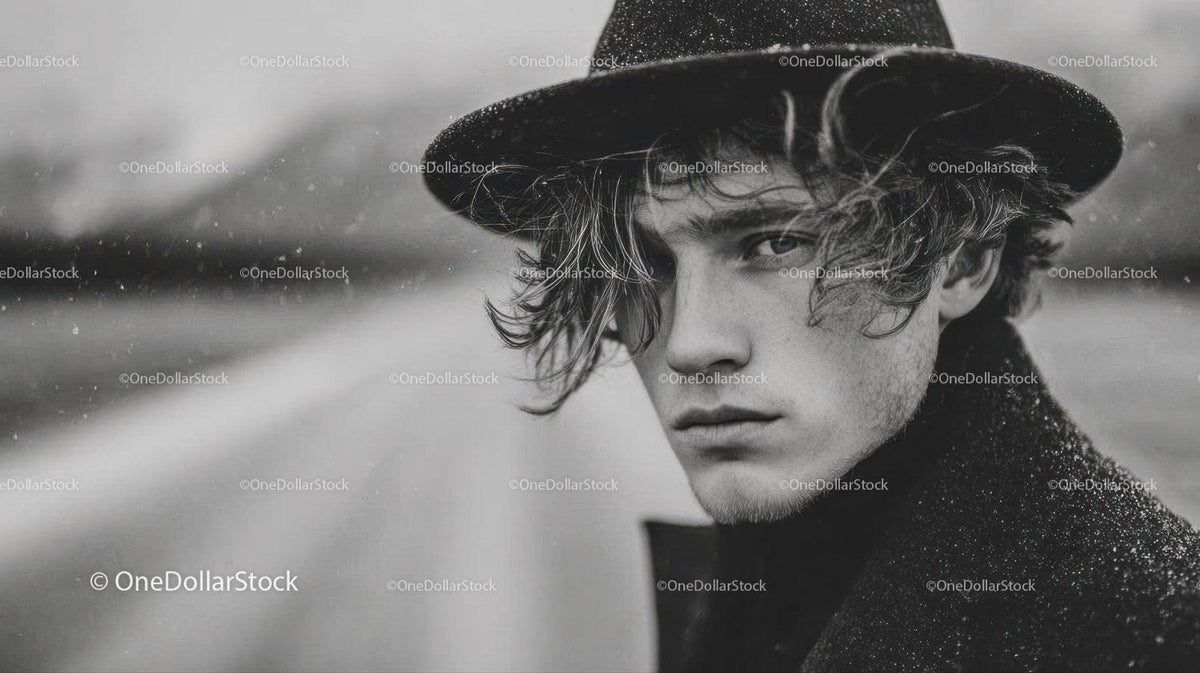 Young Man in Stylish Raincoat with Wet Look in Overcast Outdoor Scene