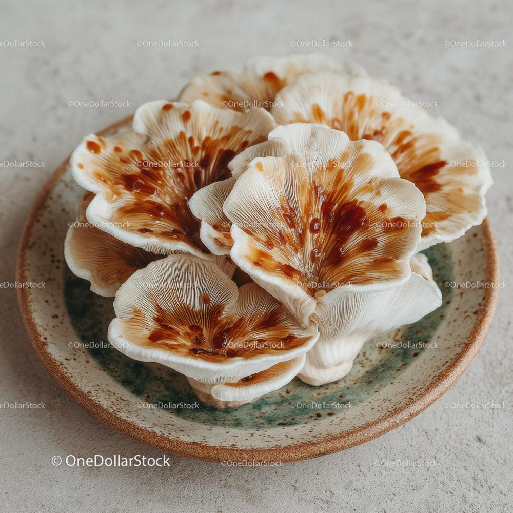 Close-up of Fresh Oyster Mushrooms on Rustic Plate for Gourmet Cuisine
