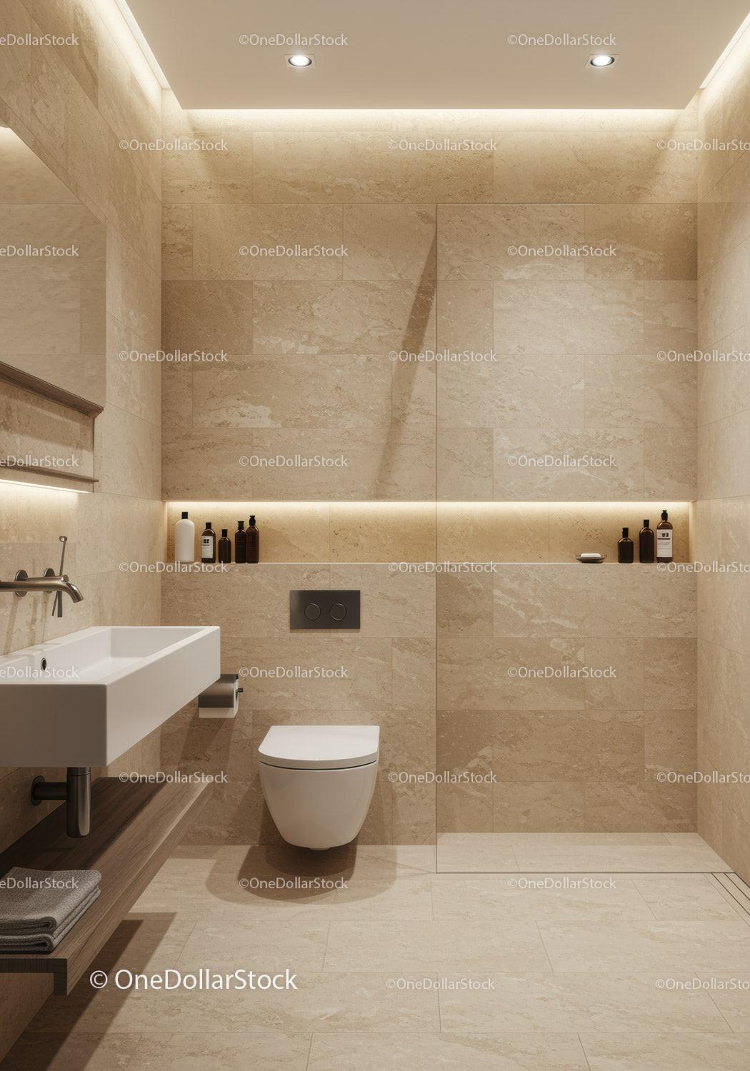 Modern Beige Tile Bathroom with Sleek Toilet and Floating Vanity