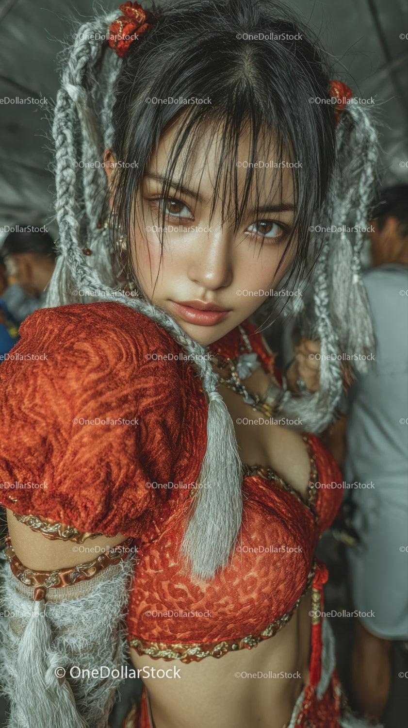 Young Woman in Vibrant Traditional Costume with Braided Hair