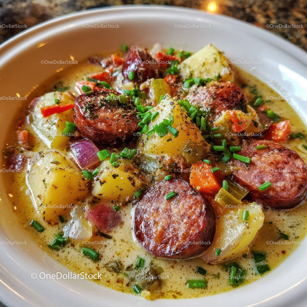 Hearty Sausage and Vegetable Soup with Potatoes and Carrots Stock Photo Bundle preview 31