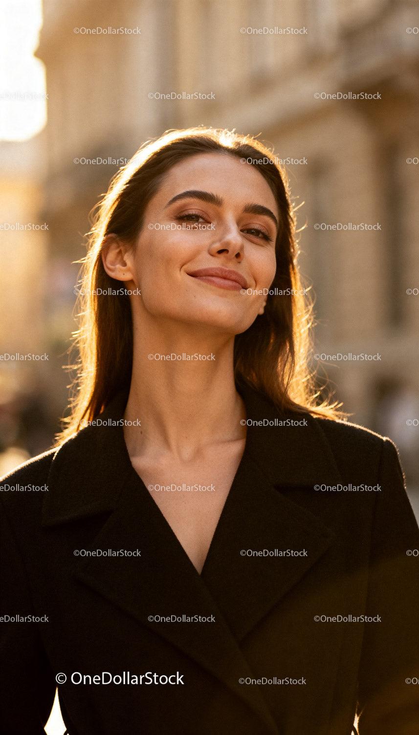 Confident woman enjoying warm sunlight in urban setting