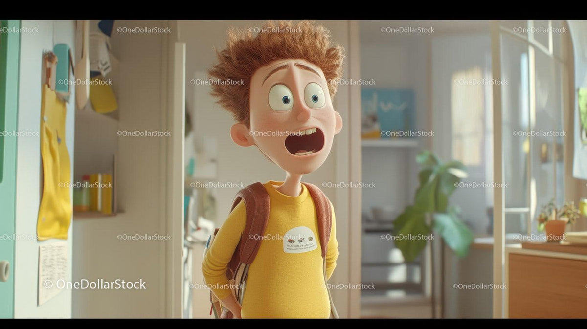 Redheaded boy wearing a yellow shirt and backpack standing indoors in sunlight