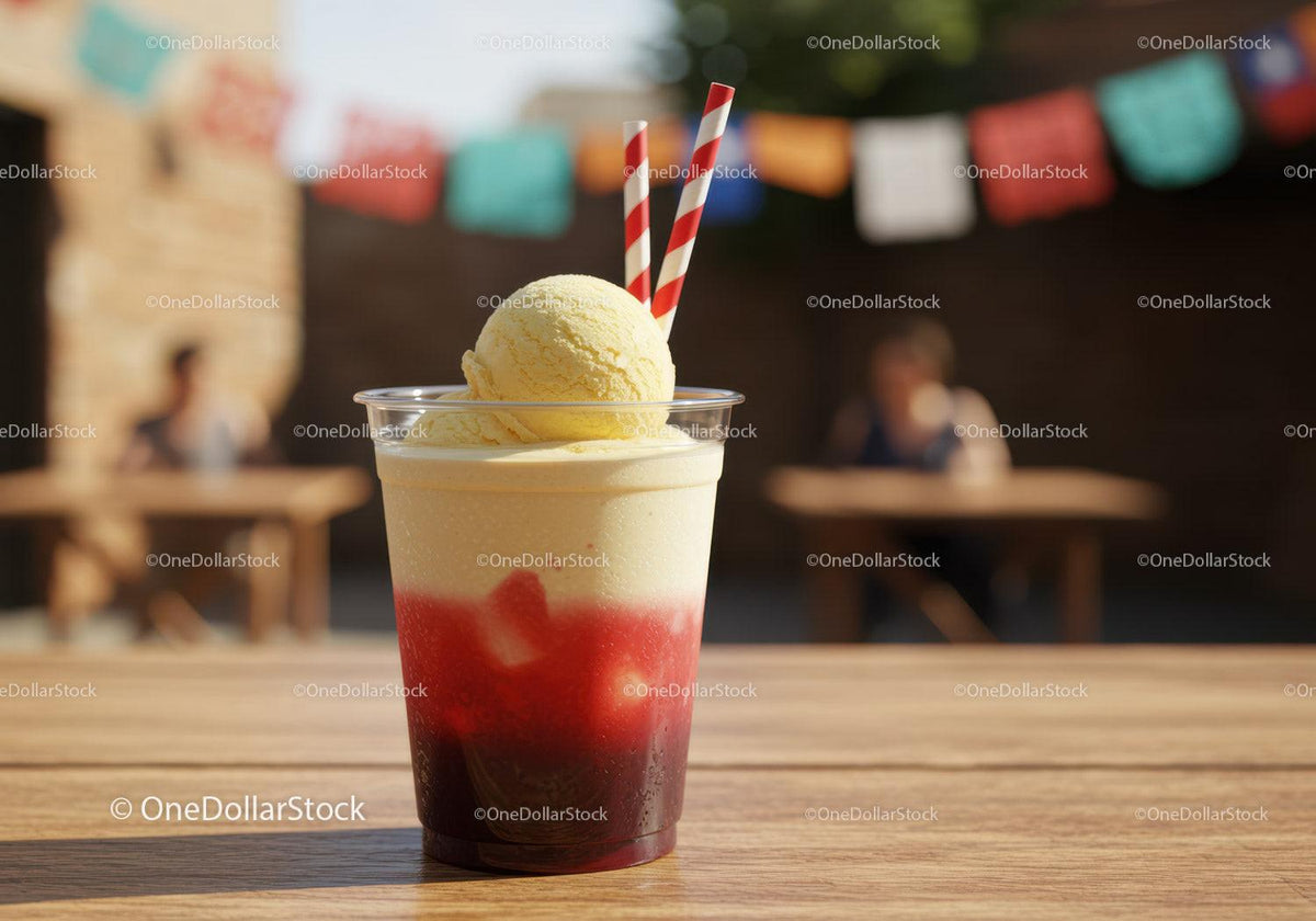 Refreshing Strawberry Ice Cream Sundae in Plastic Cup with Striped Straws Stock Photo Bundle creative preview 4