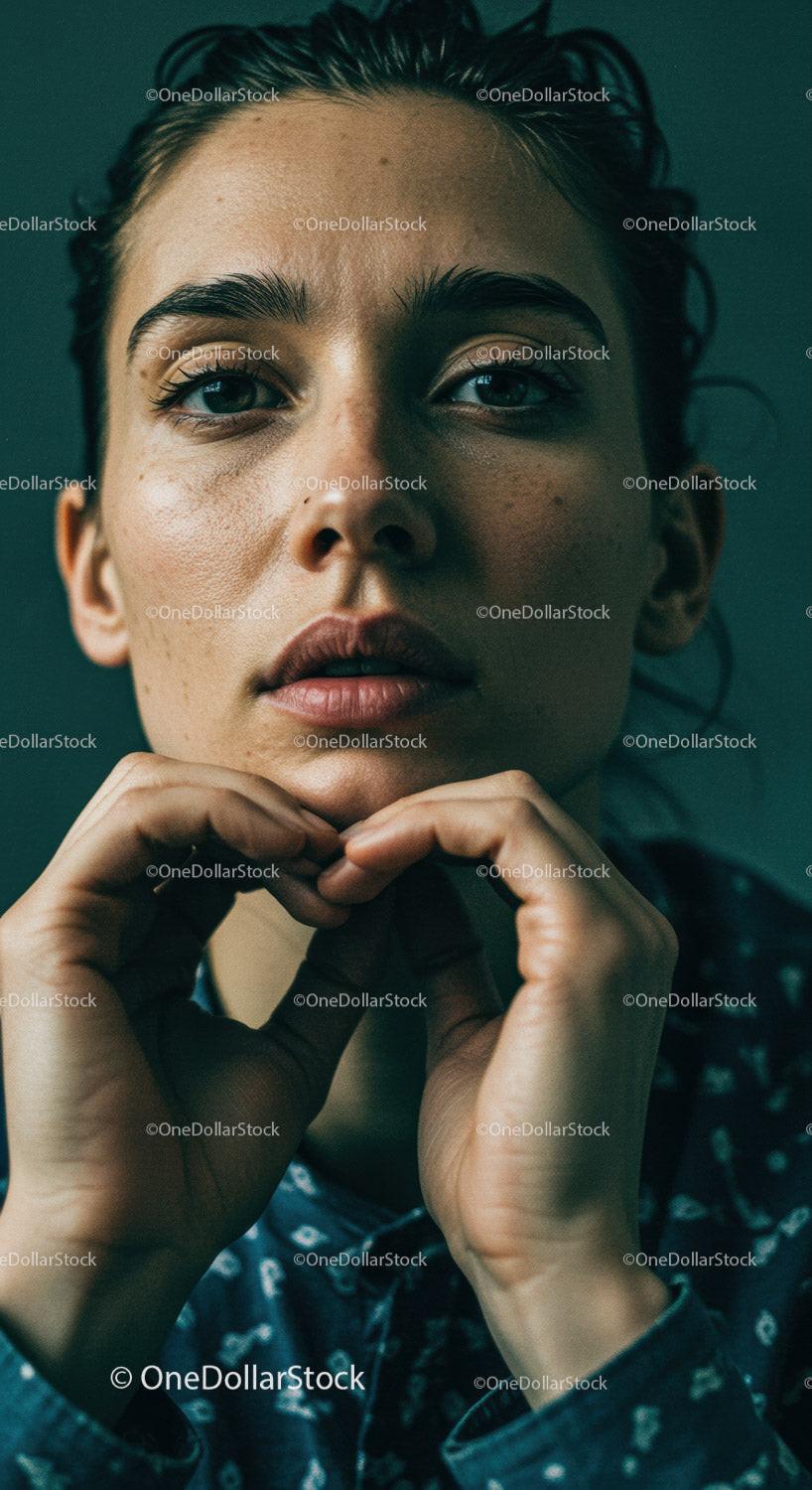 Thoughtful young woman with intense gaze close up