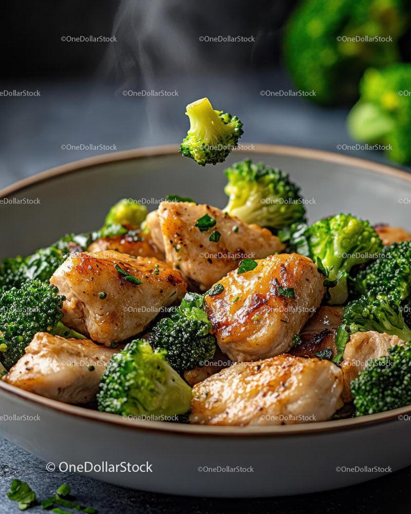 Fresh Chicken and Broccoli Dinner in White Bowl