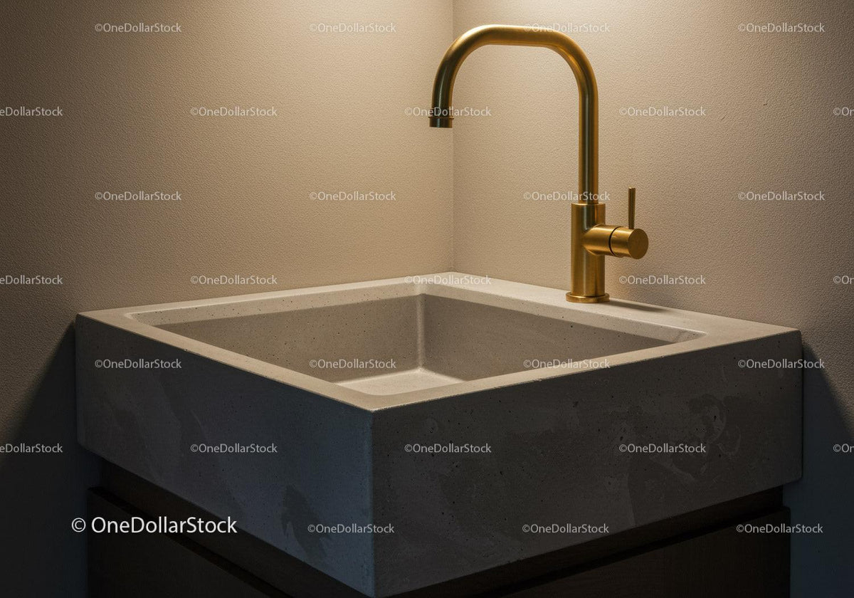 Elegant Concrete Sink with Gold Faucet in Contemporary Home Interior