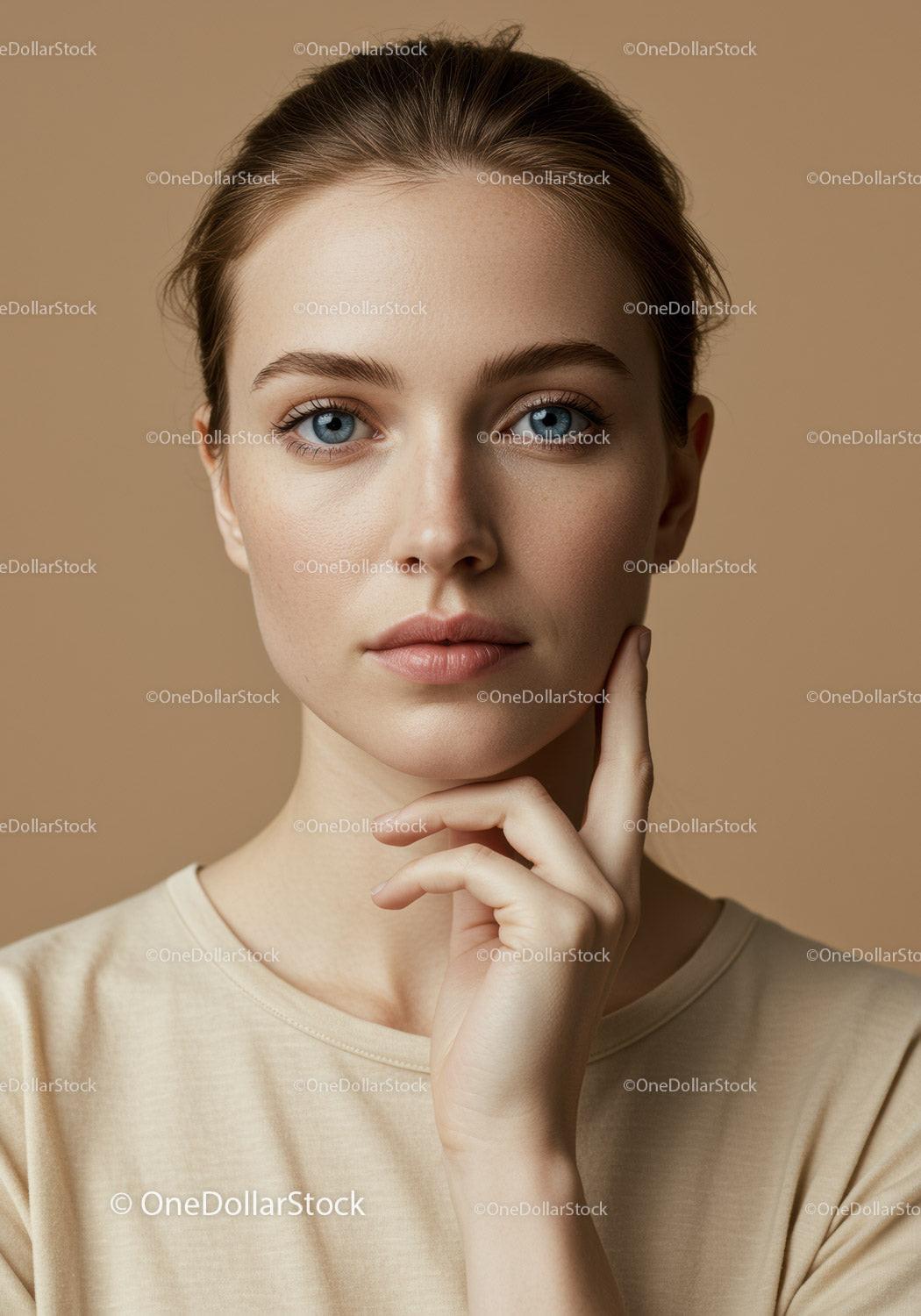 Portrait of a Young Woman with Blue Eyes and Natural Makeup