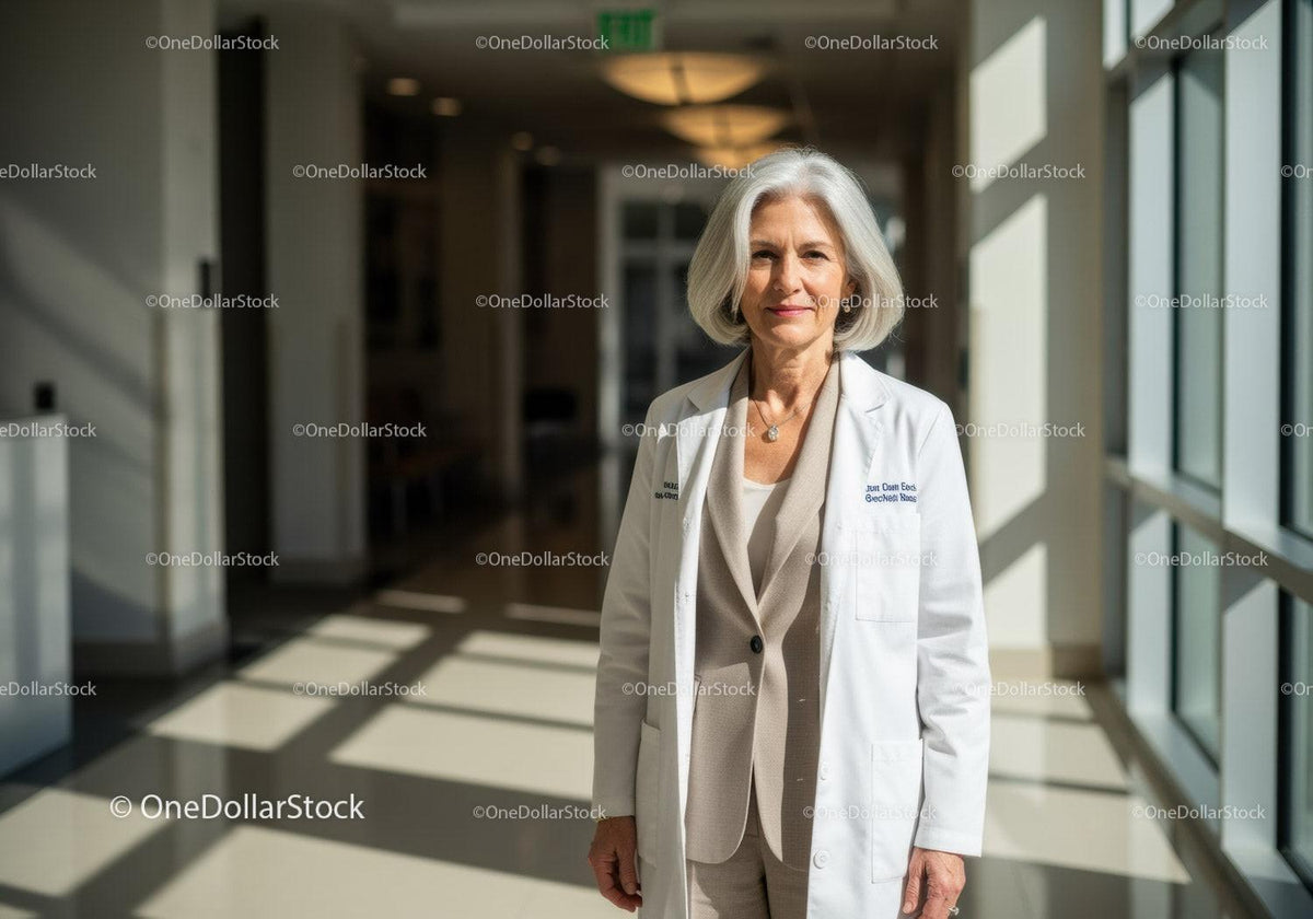 Senior Female Doctor Standing in Bright Modern Hospital Corridor