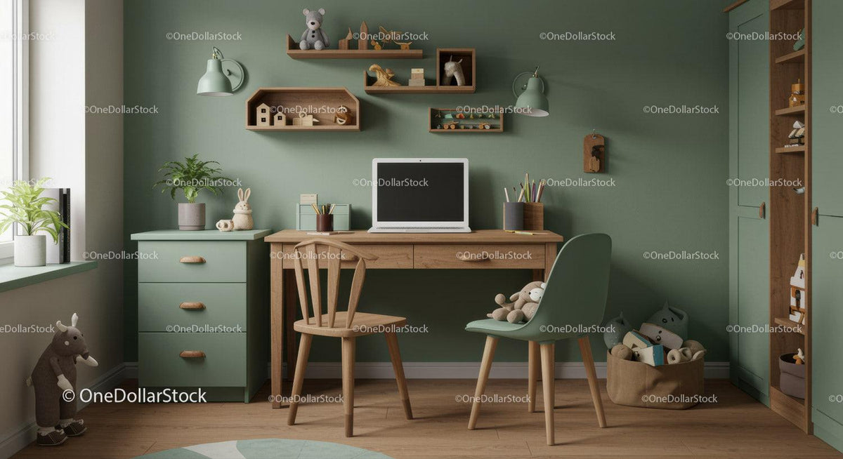 Modern Children's Study Area with Green Wall and Wooden Furniture